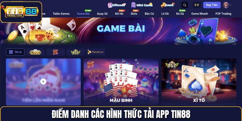 Điểm mục các hình thức tải app Tin88